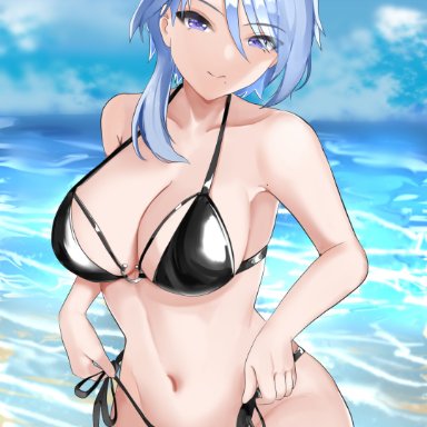 genshin impact, kamisato ayato, tian kazuki, 1girls, beach, bikini, black bikini, blue eyes, blue hair, breasts, cleavage, curvaceous, female, genderswap (mtf), large breasts