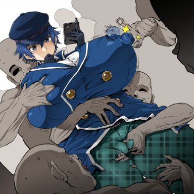 persona, shirogane naoto, ahemaru, 1girls, blue hair, clothed, clothing, emotionless, erect nipples, erect nipples under clothes, female, groping, groping breasts, groping from behind, huge breasts