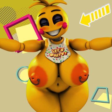 five nights at freddy's, five nights at freddy's 2, toy chica (fnaf), c4d max, bib, closed eyes, huge breasts, nipple piercing, nipples, piercings, pink cheeks, small waist, smiling, thick thighs, yellow body
