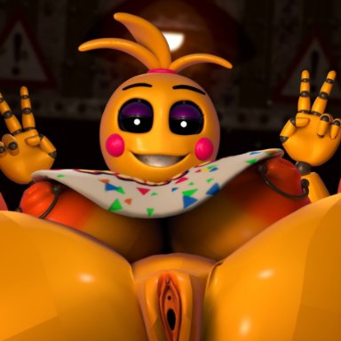 five nights at freddy's, five nights at freddy's 2, toy chica (fnaf), c4d max, black eyes, clitoris, huge breasts, nipples, peace sign, pierced nipples, piercing, pink cheeks, pussy, sharp teeth, thighs