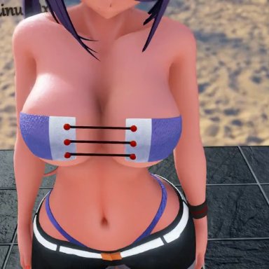 kantai collection, ariake (kantai collection), mmdlinuxdx, 1girls, beach, beltbra, curvy, dancing, denim shorts, female, hat, highleg, highleg panties, huge ass, large ass