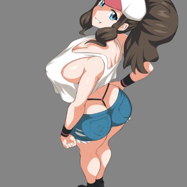 nintendo, pokemon, pokemon bw, hilda (pokemon), jadf, 1girls, ass, big ass, big breasts, black panties, blue eyes, blush, booty shorts, breasts, brown hair