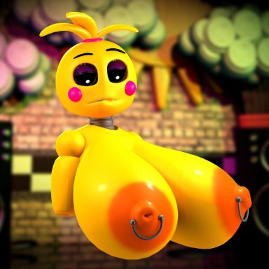 five nights at freddy's, five nights at freddy's 2, toy chica (fnaf), c4d max, black eyes, huge breasts, nipple piercing, nipples, piercings, pink cheeks, tied hair, yellow body, 3d