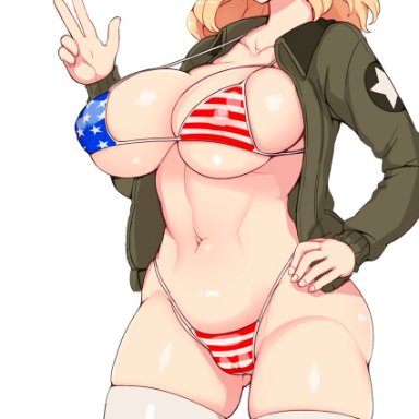 girls und panzer, kay (girls und panzer), abubu, 1girls, american flag bikini, big breasts, bikini, blonde hair, breasts, busty, cameltoe, child bearing hips, cleavage, female, female only