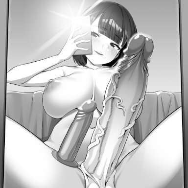 snapchat, gomu (artist), 1futa, areolae, balls, bangs, big balls, big breasts, big penis, black hair, blush, breasts, camera flash, dildo, erection