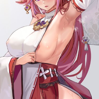 genshin impact, yae (genshin impact), loooyd, 1girls, animal ears, areola slip, areolae, arm behind head, arm up, armpits, ass, barely clothed, barely contained, blush, breasts