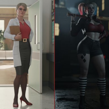 batman (series), dc, dc comics, injustice 2, dr. harleen quinzel, harleen quinzel, harley quinn, dinoboy555, 1girls, before and after, blonde hair, busty, corruption, evolution, female