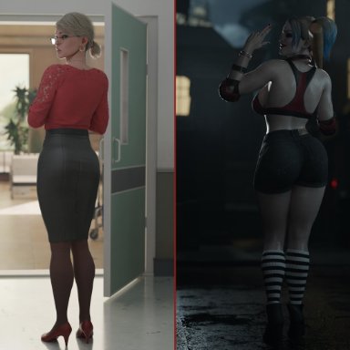 batman (series), dc, dc comics, injustice 2, dr. harleen quinzel, harleen quinzel, harley quinn, dinoboy555, 1girls, back view, before and after, blonde hair, busty, corruption, evolution