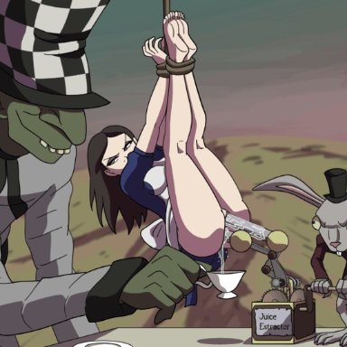 alice in wonderland, alice madness returns, american mcgee's alice, alice (wonderland), alice liddell, mad hatter, march hare, hinca-p, 1girls, 2boys, angry, ass, barefoot, black hair, bondage