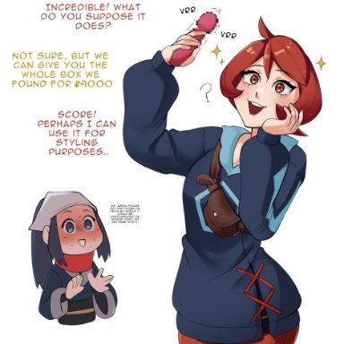 nintendo, pokemon, pokemon legends: arceus, akari (pokemon), arezu (pokemon), condylonucla, 2girls, sex toy, sweat, vibrator, dialogue, english text, tagme, text