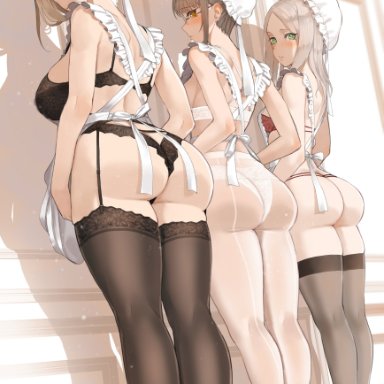 original, throtem, 3girls, apron, ass, big ass, big butt, blue eyes, blush, breasts, eye contact, female, female only, glasses, large ass