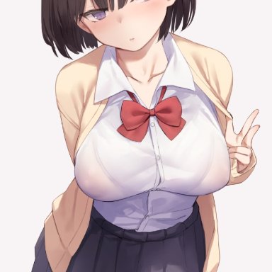 original, mochi (mochi444420), bangs, black skirt, bow, bowtie, breasts, brown hair, buttons, collarbone, eyebrows visible through hair, female, grey background, large breasts, looking to the side