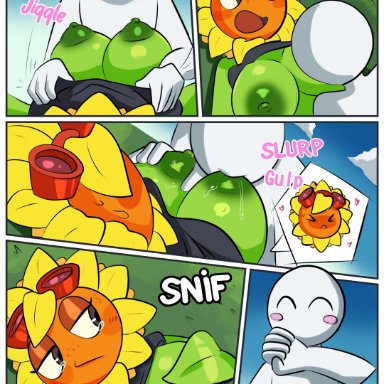 electronic arts, plants vs zombies, plants vs zombies: heroes, popcap games, anon, solar flare (pvz), skyline comet, anonymous male, anthro, big breasts, blush, breast sucking, breasts, brown eyes, covering breasts