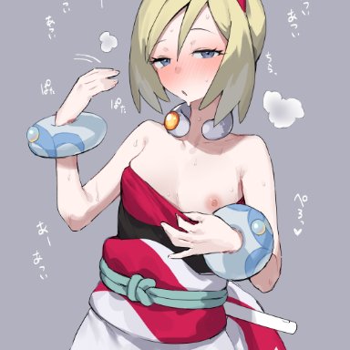 nintendo, pokemon, pokemon legends: arceus, irida (pokemon), ie ( raarami ), 1girls, :o, blonde hair, blue eyes, blush, bracelet, breasts, breasts out, exposed breasts, fanning self