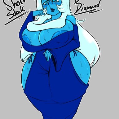 cartoon network, steven universe, blue diamond (steven universe), jyto, 1girls, big breasts, blue body, blue eyes, blue hair, blue nipples, blush, cleavage, clothed, clothing, female