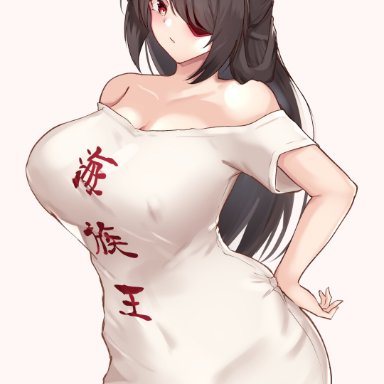 genshin impact, mihoyo, beidou (genshin impact), masaki nanaya, 1female, 1girl, 1girls, alternate breast size, bare shoulders, big boobs, big breasts, big shirt, boobs, breasts, brown hair