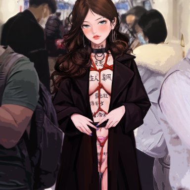 original, subway, drizzle 13, 2girls, 4boys, ahoge, blue eyes, blush, body writing, bondage, bound, breast bondage, breasts, brown coat, brown hair