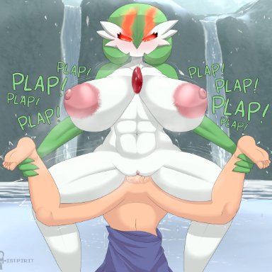 nintendo, pokemon, gardevoir, pok&#233;mon (species), mistpirit, amazon position, big breasts, bodily fluids, bottomless, breasts, clothed, clothing, dominant, dominant female, duo