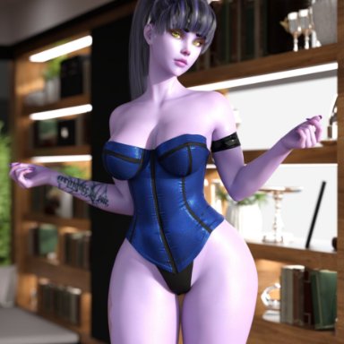 overwatch, widowmaker, rude frog, 1girls, bunny ears, female, female only, looking at viewer, purple skin, solo, tattoo, thick thighs, thighs, wide hips, yellow eyes