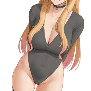 sono bisque doll wa koi wo suru, kitagawa marin, zaphn, 1girls, big breasts, blonde hair, breasts, cleavage, female, female only, full body, grin, gyaru, highleg leotard, hips