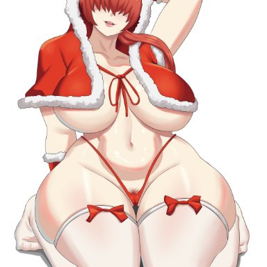 christmas, king of fighters, snk, shermie (kof), goldcrustedchicken, bangs, bangs over eyes, christmas outfit, hair over eyes, pubes, pubic hair, pubic hair peek, red hair, skimpy, skimpy clothes