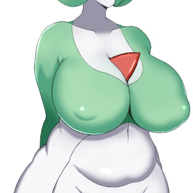 nintendo, pokemon, pokemon legends: arceus, alpha pok&#233;mon, gardevoir, pok&#233;mon (species), wlcmt, 1girls, breasts, chest spike, female, female only, green hair, hair over one eye, hips