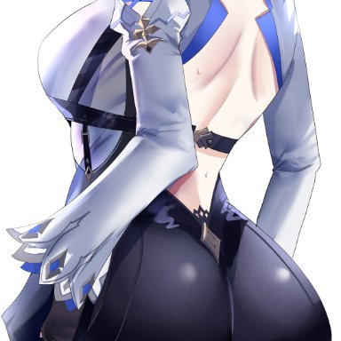 genshin impact, eula (genshin impact), hanasaka houcha, 1girls, ass, back, backless outfit, blue hair, breasts, bubble butt, clothed, clothed female, female, female only, hair ornament