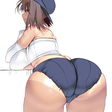 original, masao, ass focus, big ass, big breasts, booty shorts, brown hair, earrings, elbow gloves, female, female only, gloves, hat, huge ass, looking at viewer