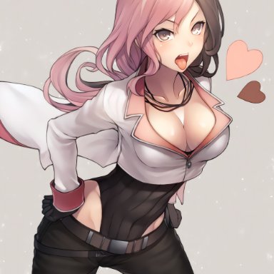 rwby, neo (rwby), kyoeiki, 1girls, belt, big breasts, black gloves, black leotard, black pants, breasts, brown eyes, brown hair, busty, cleavage, collarbone