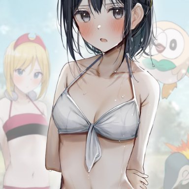 pokemon, pokemon legends: arceus, akari (pokemon), cyndaquil, irida (pokemon), oshawott, pokemon (creature), rowlet, rouka (akatyann), belly, belly button, blue eyes, blue hair, blurry background, cleavage