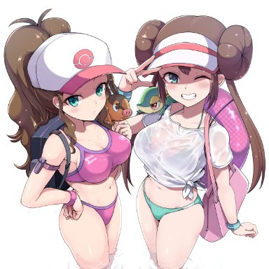 nintendo, pokemon, pokemon bw, pokemon bw2, hilda (pokemon), pok&#233;mon (species), rosa (pokemon), snivy, tepig, kasai shin, 2girls, armband, backpack, bag, baseball cap