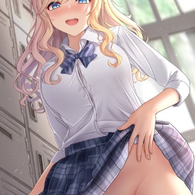 idolmaster, idolmaster cinderella girls, the  cinderella girls, ootsuki yui, monaka curl, 1girl, 1girls, a4 (350dpi), archway of venus, aroused, ass, blonde hair, blue eyes, blue skirt, blush