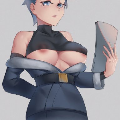 nintendo, pokemon, pokemon legends: arceus, cyllene, cojohn, 1girls, bare shoulders, big breasts, blue eyes, blue hair, breasts, cleavage, clothed female, clothing, hand behind back