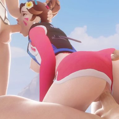 overwatch, d.va, bewyx, 1female, 1girl, 1girls, 2boys, areola, big ass, big penis, blowjob, exposed breasts, exposed pussy, face fucking, large ass