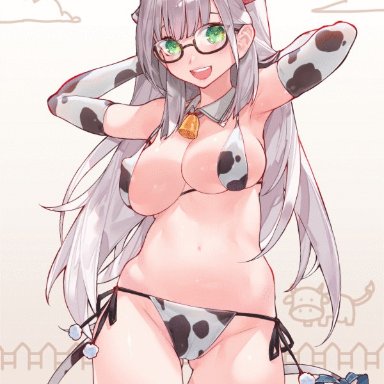 hololive, shirogane noel, waterring, :d, animal ears, animal print, armpits, arms behind head, arms up, bangs, bell, bikini, black legwear, bouncing breasts, breasts