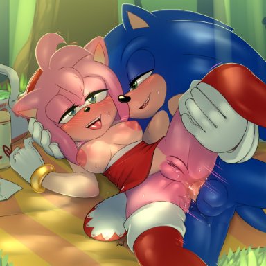 sonic (series), sonic the hedgehog (series), amy rose, sonic the hedgehog, krazyelf, 1boy1girl, anal, anal sex, balls, blue fur, boots, breasts, clothes, dress, furry