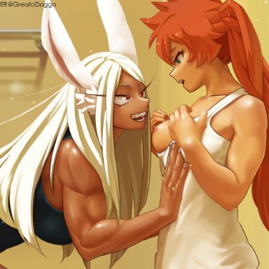 my hero academia, itsuka kendou, miruko, rumi usagiyama, greatodoggo, 2girls, animal ears, bare arms, bathroom, biceps, black tank top, breasts, collarbone, dark-skinned female, dark skin