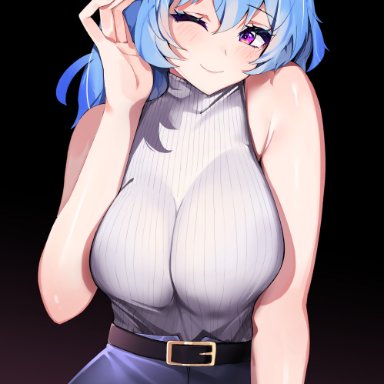 genshin impact, ganyu (genshin impact), mutsu ane daisuki, 1female, 1girl, 1girls, adeptus, ahoge, bare arms, bare shoulders, belt, big boobs, big breasts, blue hair, blue nails