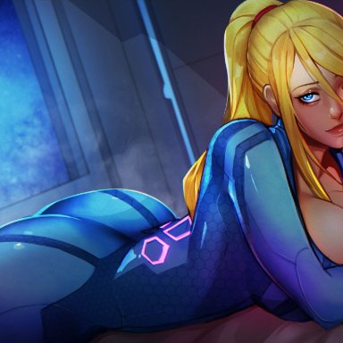 metroid, samus aran, zero suit samus, xuuikie, 1girls, ass, blonde hair, blue bodysuit, blue eyes, bodysuit, bracelet, breasts, cleavage, fat ass, female