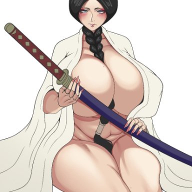 bleach, unohana retsu, artist request, dz, dzlily, 1girls, almost naked, barely clothed, between breasts, black hair, blush, braid, braided ponytail, breasts, busty
