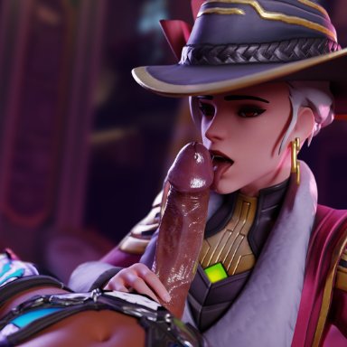 overwatch, ashe (overwatch), black cat sombra, socialite ashe, sombra, neonsin, big penis, dark-skinned futanari, dickgirl, fellatio, futanari, oral, precum, veiny penis, 3d