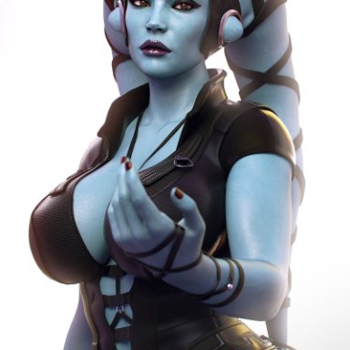 star wars, aayla secura, twi'lek, smz-69, 1girls, alien, alien girl, beckoning, big breasts, blue skin, cleavage, clothed, facing viewer, female, female only