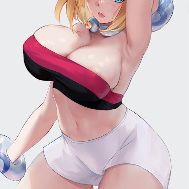 nintendo, pokemon, pokemon legends: arceus, irida (pokemon), azto dio, 1girls, armpits, big breasts, blonde hair, blue eyes, breasts, eye contact, female focus, hair ornament, huge breasts