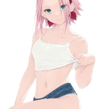 naruto, naruto (series), naruto shippuden, shounen jump, sakura haruno, wakkuchin20, 1girls, bare legs, belly button, bimbo, bob cut, booty shorts, clothed, clothing, crop top