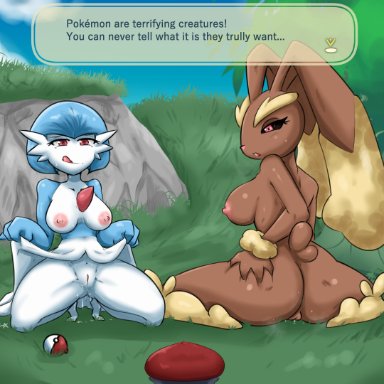 nintendo, pokemon, gardevoir, lopunny, pok&#233;mon (species), rei (pokemon), nayaa, ambiguous gender, anthro, areola, ass, being watched, bodily fluids, breasts, clothing