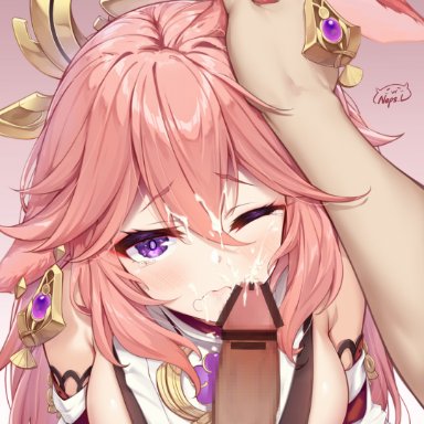 genshin impact, yae (genshin impact), neps-l, 1boy, animal ears, bare shoulders, blush, breasts, cheek poking, closed mouth, cum, cum on hair, detached sleeves, ear grab, earrings