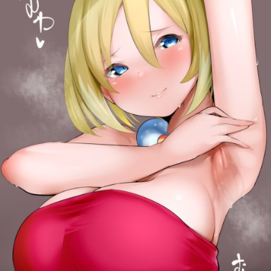 nintendo, pokemon, pokemon legends: arceus, irida (pokemon), hyuuman, 1girls, alternate breast size, arm behind head, arm up, armpit fetish, armpits, blue eyes, blush, breasts, cleavage