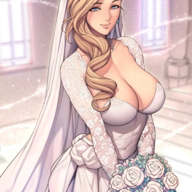 azur lane, hood (azur lane), oda non, blonde hair, blue eyes, bouquet, breasts, cleavage, flowers, holding bouquet, tiara, wedding dress, white dress