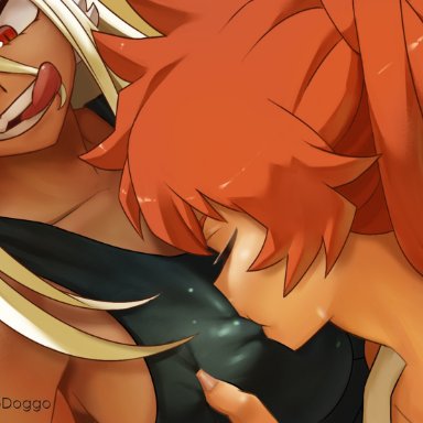 my hero academia, shounen jump, itsuka kendou, miruko, rumi usagiyama, greatodoggo, 2girls, biting, black tank top, breast sucking, breast sucking through clothes, closed eyes, collarbone, dark-skinned female, dark skin