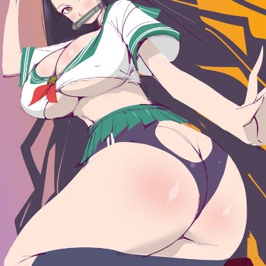 kimetsu no yaiba, kamado nezuko, chiroru, alternate breast size, alternate costume, big ass, big breasts, black hair, bloomers, brown eyes, cleavage, crop top, demon slayer, female, female only